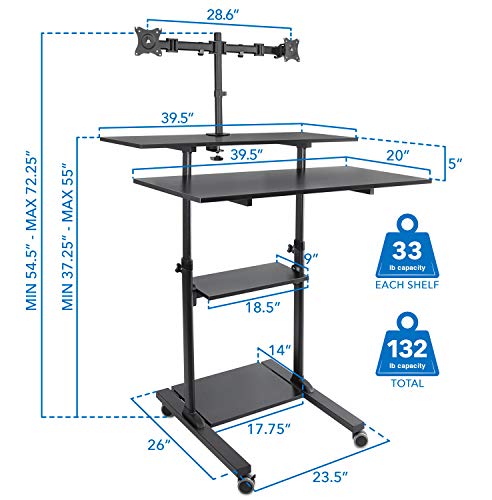 Mount-It! Mobile Standing Desk with Dual Monitor Mount - 40 Inch Wide Height Adjustable Rolling Computer Workstation with Four Wheels,