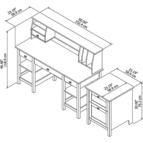 Bush Furniture Broadview 60W Desk with Storage Shelves, Small Hutch Organizer and File Cabinet in White