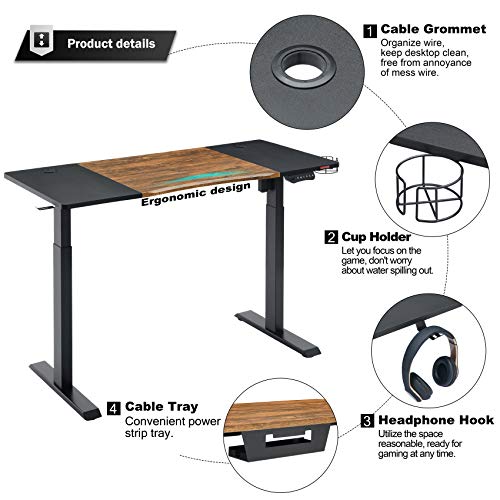Mr IRONSTONE Electric Height Adjustable Desk 53.5" Standing Desk Sit to Stand Home Office Computer Desk with Splice Board, Cup Holder, Headphone Hook and Cable Management (Vintage+Black)
