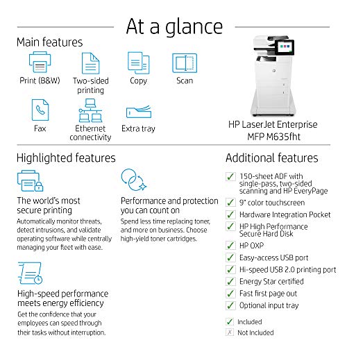 HP LaserJet Enterprise MFP M635fht Monochrome Multifunction Printer with Extra Paper Tray and Wheeled Stand (7PS98A)