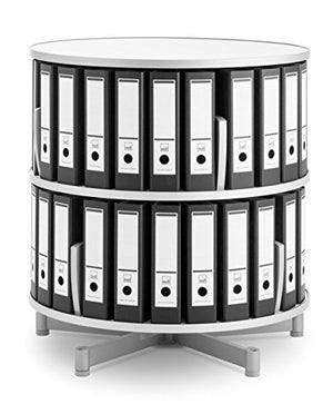 Binder Carousel with 2 Tiers White Finish Dimensions: 33"H x 31.5" Diameter Weight: 67 lbs