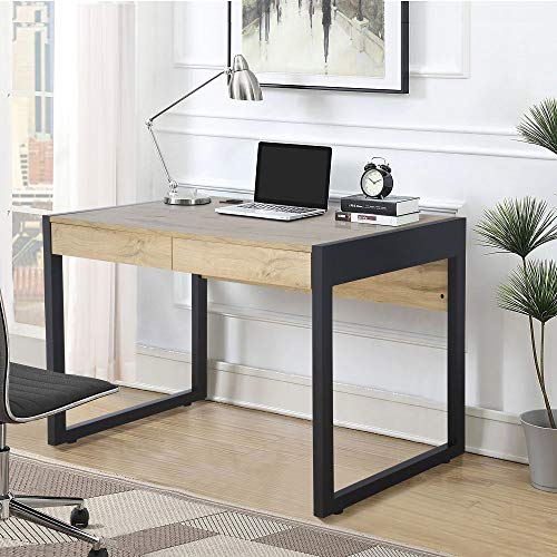 M MAJOR-Q 99400-3179JET Tone 52" W Computer Desk with Two Drawers, Power Outlet, USB Ports-Sturdy Wooden Study, Home Office Writing Laptop Table Beige Oak and Black Finish