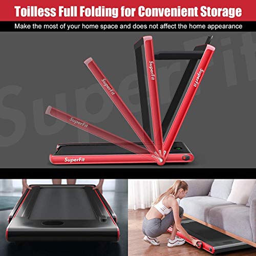 Byroce Adjustable Folding Treadmill, 2.25HP Speed Adjustable Under-Desk Electric Treadmill with Folding Handrails, Bluetooth Speaker, Remote Control and LED Display, Use Jogging Machine (Red)