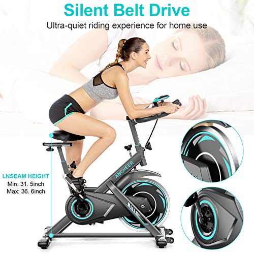 ANCHEER Exercise Bike,49Lbs Indoor Cycling Bike with Unlimited resistance，Belt Drive Stationary Bike with LCD Monitor,Phone & Water Holder for Home Gym Cardio Workout Bike Training