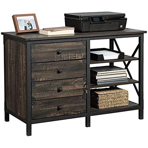 Sauder Steel River Industrial Credenza with Drawers, Carbon Oak Finish