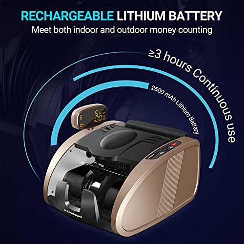 XUNHON Rechargeable Money Counter Machine with UV/MG/IR Counterfeit Detection, Cash Counting Machine with 9 Modes, 2600mAh Battery and 2LCD Display,1300 Bills/Min -X01-Pro