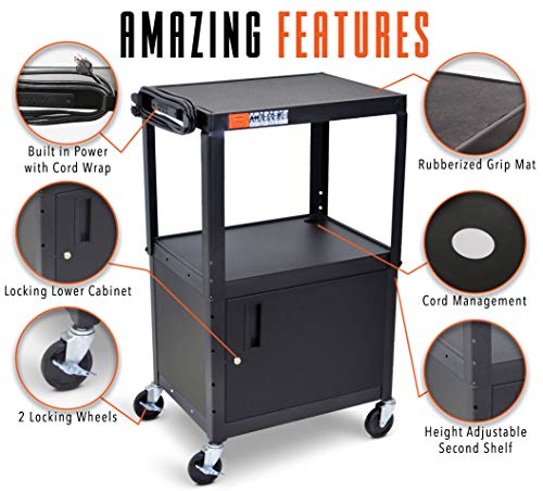 Stand Steady Line Leader AV Cart with Locking Cabinet - Black Metal Utility Cart with Storage Shelf