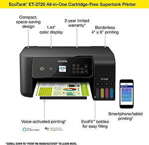 Epson Premium EcoTank 2720 Series Wireless All-in-One Color Supertank Inkjet Printer | Print Copy Scan | Mobile Printing | Voice-Activated Print | 1.44" Screen | High-Speed USB Black