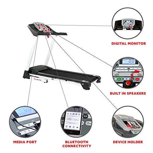 Sunny Health & Fitness SF-T7515 Smart Treadmill with Auto Incline, Speakers, Bluetooth, LCD and Pulse Monitor, Phone Function, 240 LB Max Weight , grey