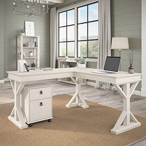Bush Furniture Homestead Farmhouse L Shaped Desk with Mobile File Cabinet, Linen White Oak