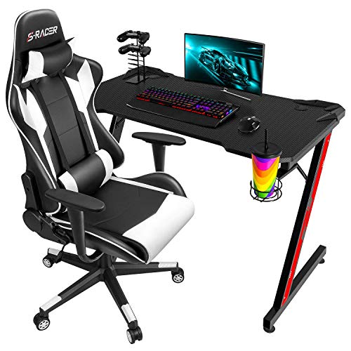 Homall Racing PU Leather Swivel Chair and 43.6 Inch Z Shaped Computer Desk Table Gaming Home Office Furniture Sets (White)