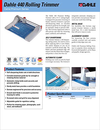 Dahle 440 Premium Rolling Trimmer, 14-1/8" Cut Length, 30 Sheet Capacity, Self-Sharpening, Automatic Clamp, German Engineered Paper Cutter