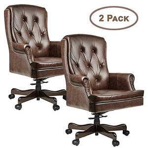 Halter HAL-070 Executive Grain Cow Leather Office Chair, Home & Office Computer Desk CEO Chair, Metal Base w/Wood Caps - Supports 500LBS 2 Pack