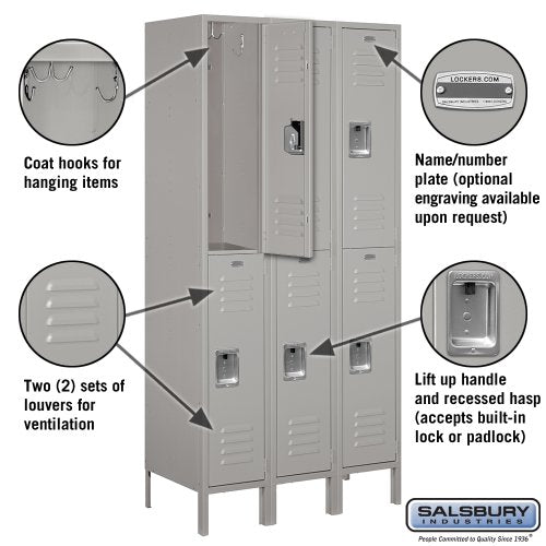 Salsbury Industries 62368GY-U  Unassembled Standard Metal Locker with Double Tier, Gray