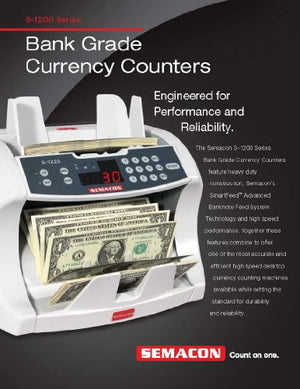 Semacon S-1215 High-Speed Bank Grade Currency Counter wirh Ultraviolet Counterfeit Detection, 800/1200/1600 Notes per Minute Counting Speed, Batching: 10 Keys/1-999 Range