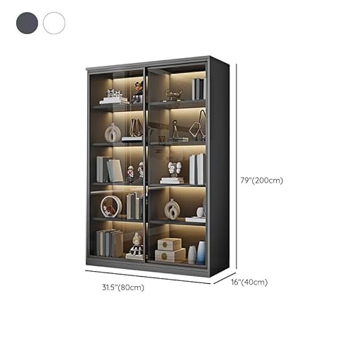 KWOKING Modern Wooden Bookshelf with Sliding Glass Doors - Grey, 31"L x 16"W x 79"H