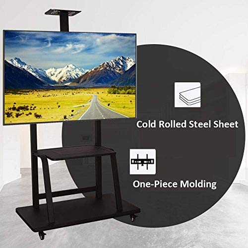 YokIma TV Floor Shelf for 65-98" TVs, Stainless Steel, Black, Wheels, Height Adjustable