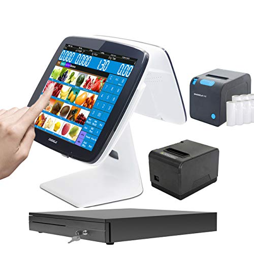 ZHONGJI 2020 Cash Register Smart Touch Screen PC POS System for Restaurants with POS-Software,Thermal Receipt Printer,Cash Drawer,80E Kitchen Printer