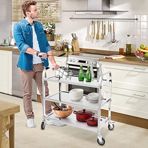 Large Stainless Steel Utility Cart, 3 Tier Rolling Kitchen Service Cart with Locking Wheels