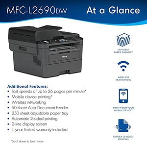 Brother MFC L26 Series Compact Monochrome Laser Printer, All-in-One, 2400 x 600 dpi, Wireless, Mobile Printing