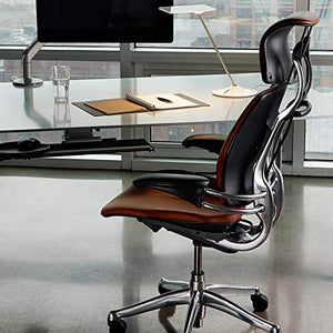 Humanscale Freedom Office Chair with Headrest - Ergonomic Work Chair with Height Adjustable Duron Arms - Polished Aluminum Frame - Glacier Ticino Leather