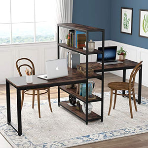 Tribesigns Two Person Computer Desk with Bookshelf, 90 Inches Double Face-Face Workstation Desk with Storage Shelf for Two Person, Two Person Writing Office Desk for Home Office (Vintage)