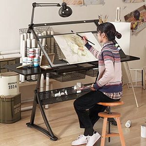 FLaig Artist Drafting Table with Tempered Glass Top and Storage Drawers