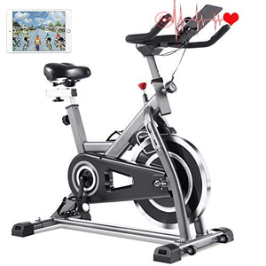 FUNMILY Indoor Cycling Bike - Stationary Exercise Bikes with LCD Monitor, Adjustable Resistance, Pad/Phone Holder, Heart Rate, Quiet for Home/ Office Workout (Black)