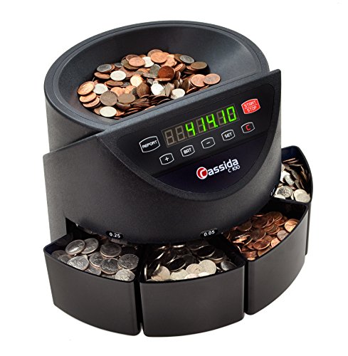 Cassida C100 Electronic Coin Sorter/Counter, Countable coins 1¢, 5¢, 10¢, 25¢, 250 coins/min, 110 VAC
