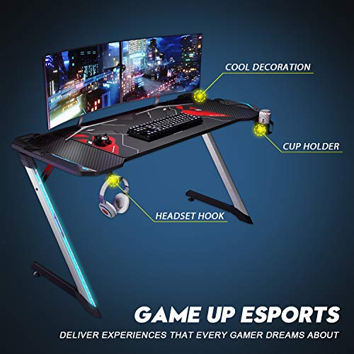 ELEGANT Gaming Desk with Led Lights 55 Inch Z Shape Gamer Workstation with Power Strip Large Mouse Pad Stand Cup Holder Headphone Hook for Home Office Gamer,Black