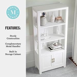 Martha Stewart Four Tier Shaker Bookcase with Storage Cabinet in White - Polished Brass Hardware