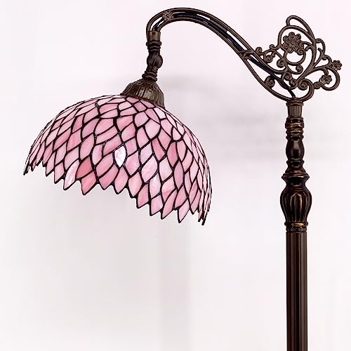WERFACTORY Tiffany Floor Lamp Pink Stained Glass Wisteria Light 12X12X66 Inches Pole Torchiere