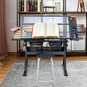 None Adjustable Drawing Table with Tempered Glass Top and Drawers/Stool