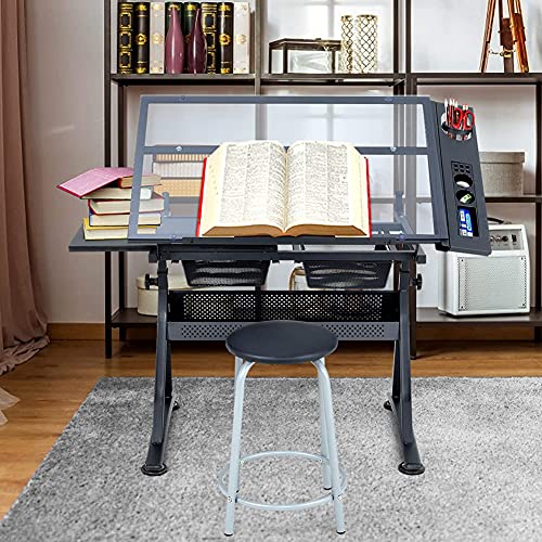Adjustable Drawing Table with Tempered Glass Top and Drawers/Stool