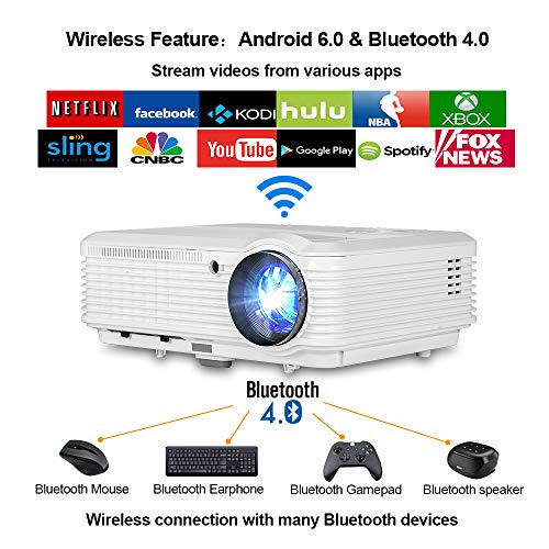 CAIWEI HD WiFi LCD Projector with Bluetooth Android Support 1080P 200" Display 4600lm Home Theater System Wireless Mirroing Smartphone Projector, HDMI USB RCA Audio VGA Built-in Speakers