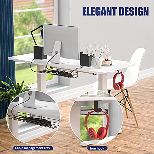 Height Adjustable Desk, Electric Standing Desk with 48'' x 24'' Solid Whole-Piece Desk Board, Sit Stand Desk w/Memory Preset Controller, Stand Up Desk with Keyboard Tray for Home Office (White)