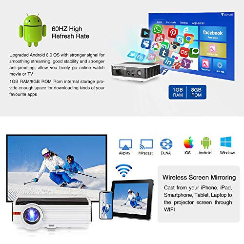 WIKISH Smart Movie Projector Support Bluetooth/Wifi/1080P/Zoom/Screen Mirroring,Compatible with DVD Player Laptop PC TV Box Smartphone PS4 Mac HDMI USB AV for Home Entertainment Outdoor Video Game