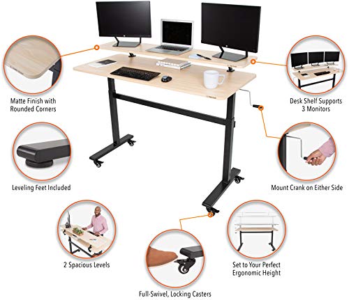 Stand Steady Tranzendesk | 55 Inch Standing Desk with Clamp On Shelf & Detachable Wheels | Crank Height Adjustable Sit to Stand Workstation | Monitor Riser Supports 3 Screens (55 in / Maple)
