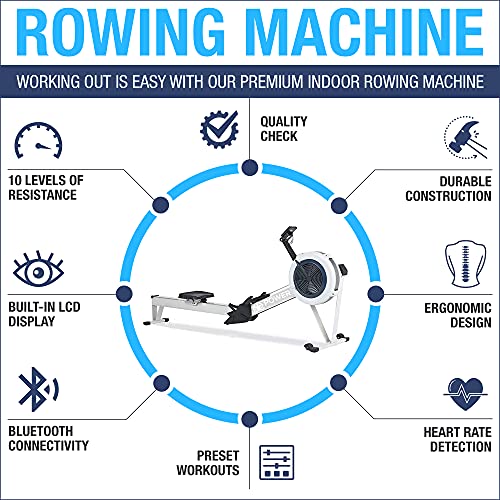 PowerBoostConcept Rowing Machine, Foldable Rower for Home Gym, 10 Levels Air Resistance, LCD Display & Bluetooth Connectivity, Preset Workouts