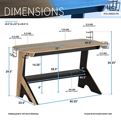 Techni Mobili Home Office Computer Writing Desk Workstation with Two Cupholders and a Headphone Hook-Pine