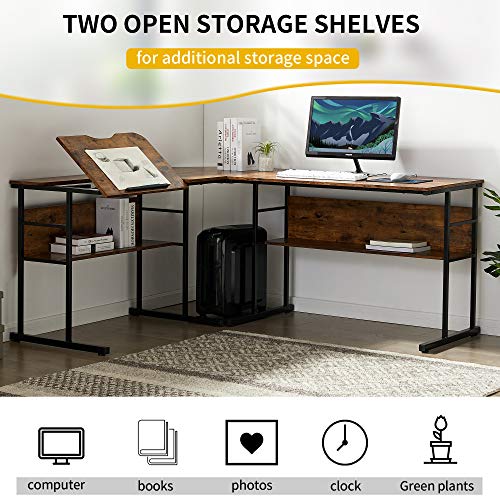 UNI FAM Home Office L-Shaped Desk with Bottom Bookshelves and CPU Stand, Multi-Function Drafting Drawing Table with Tiltable Desktop for Artist or Student/67 inch（Brown）