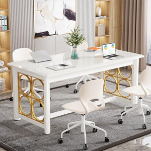 Tribesigns 63" Conference Table with Gold Legs, Glossy Surface - White & Gold