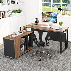 LITTLE TREE Executive Desk and File Cabinet Set - Walnut, 55" Desk, L-Shaped, Business Furniture with Storage Stand