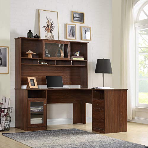 Computer Desk Study Writing Table with Drawers L-Shaped PC Laptop Desk Gaming Table with Hutch and Glass Doors for Home Office, Heavy Duty Sturdy Wooden Workstation with Shelves and File Cabinet Brown