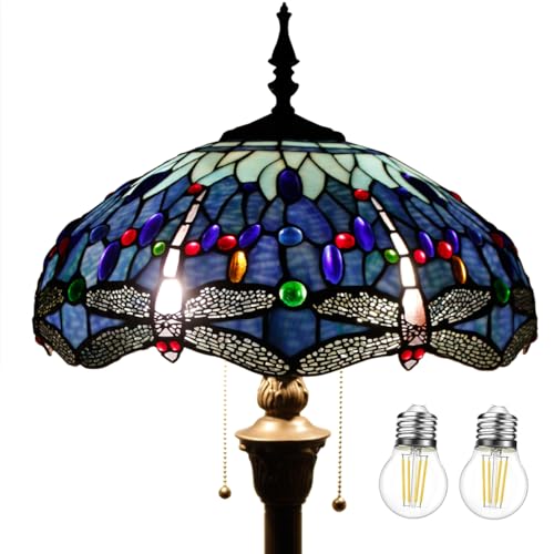 WERFACTORY Tiffany Dragonfly Blue Stained Glass Floor Lamp 16X16X64 Inches - S004 Series