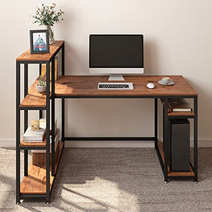 YITAHOME Computer Desk with 7 Storage Shelves, Writing Table Workstation with Bookshelf Hutch, L-Shape Study Work Desk with 55 inch Desktop for Home Office, Teak