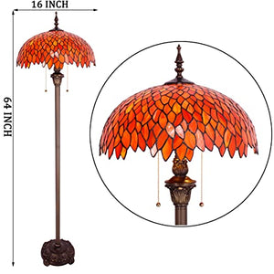 WERFACTORY Tiffany Floor Lamp Red Orange Wisteria Stained Glass Standing Reading Light 16X16X64 Inches - S523R Series