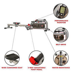 Sunny Health & Fitness Water Rowing Machine Rower w/ LCD Monitor, 265 Max Weight, Adjustable Footpads and Foldable 48" Aluminum Slide Rail - SF-RW5866, Gray