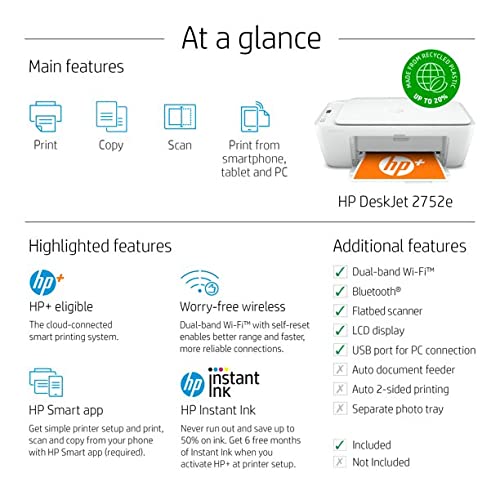 HP DeskJet 2752e All-in-One Wireless Color Inkjet Printer，Print Scan Copy - Icon LCD Display, 4800 x 1200 dpi, WiFi, Bluetooth, Hi-Speed USB, White，W/Silmarils Printer Cable