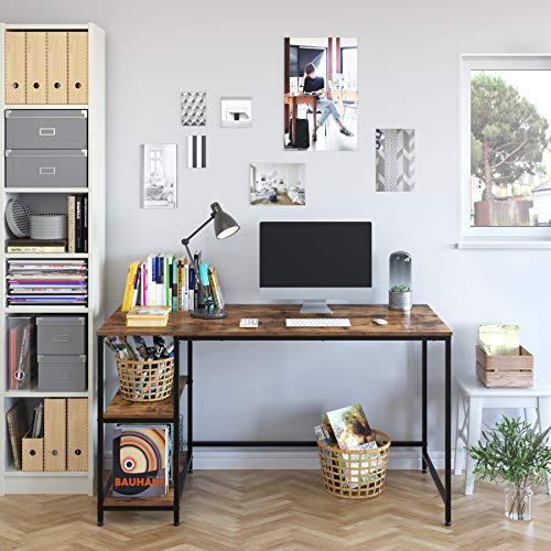 Homfa Computer Desk with 2 Shelves, 55 in Length Study Writing Table, 2-in-1 Large Office Desk with Metal Legs, Adjustable feet, Modern Furniture for Home Office, Study Room-Rustic Brown